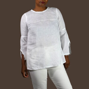 J Jill White Linen Tunic Top Bell Sleeve Boxy Relaxed Casual Slit Lightweight XS
